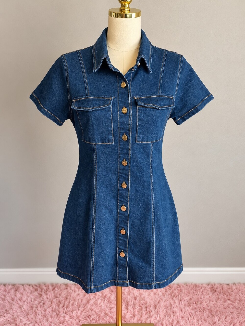 Vigoss Denim Button Front Mini Dress Medium Y2K Short Sleeve Jean Dress